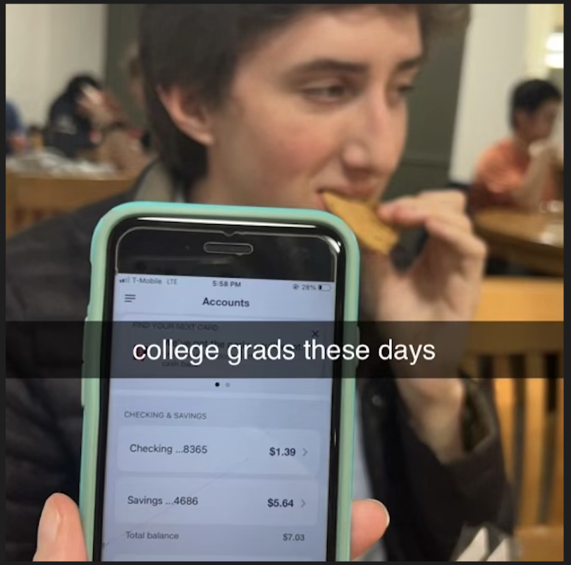 College grads these days, $7.03 bank balance