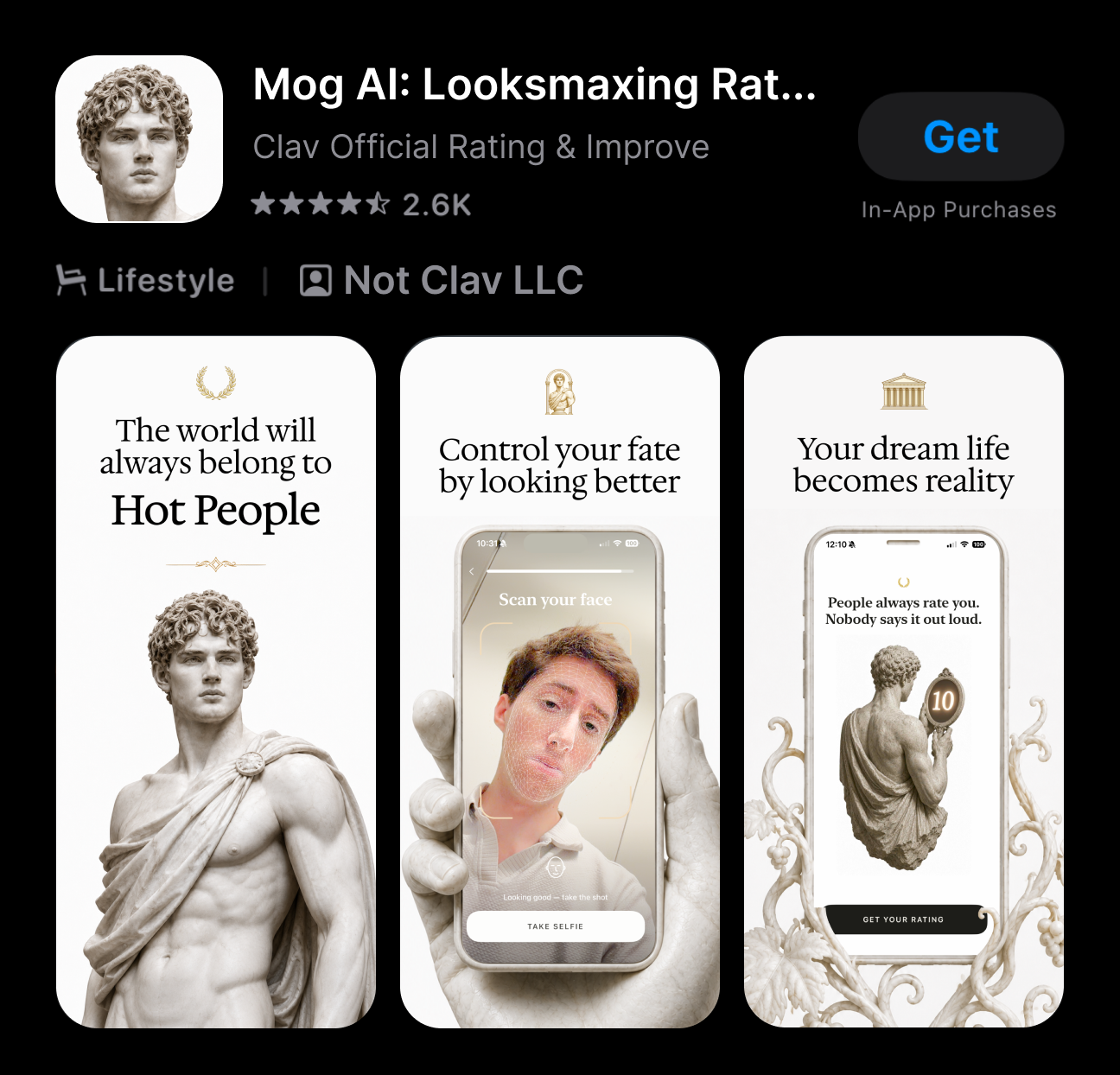 Mog AI App Store listing, looksmaxing app with Renaissance statue art